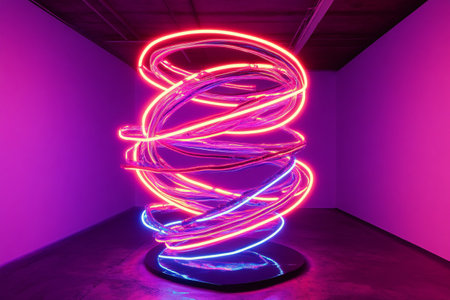 A swirling mass of neon lights forming an abstract, dynamic vortex, glowing with vivid pink and purple hues, created by aiの素材