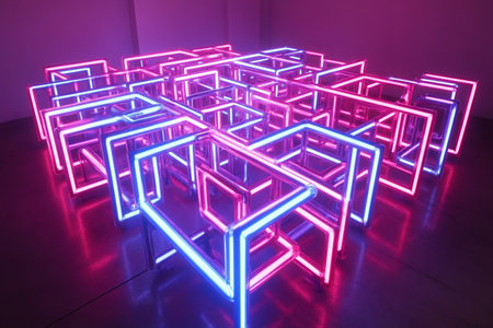 An intricate 3D geometric structure composed of thousands of interconnected neon tubes, forming a futuristic maze, created by aiの素材