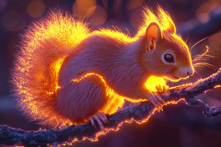 A neon orange squirrel with glowing fur perched on a glowing branch, with a neon sunset background, created by aiの素材