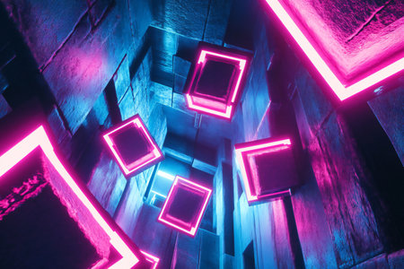 A 3D composition of interlocking glowing neon cubes arranged in a futuristic infinite loop, floating in a dark void, created by aiの素材