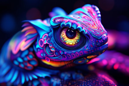 An enigmatic being with radiant oculars and dynamic, colorful whorls adorning its surface, evoking a hallucinogenic aura, created by aiの素材