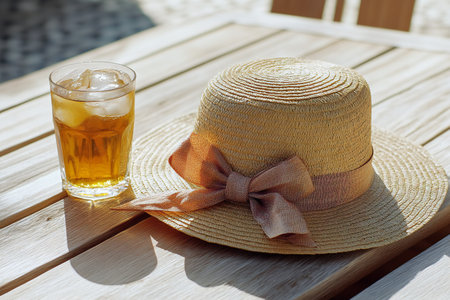 A charming woven straw sunhat with an oversized ribbon resting on a wooden deck beside a refreshing glass of iced tea, capturing the essence of summer relaxation, created by aiの素材