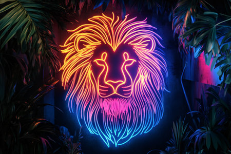 A glowing neon lion's head with a bright mane glows boldly against a dark, neon-accented background, created by aiの素材