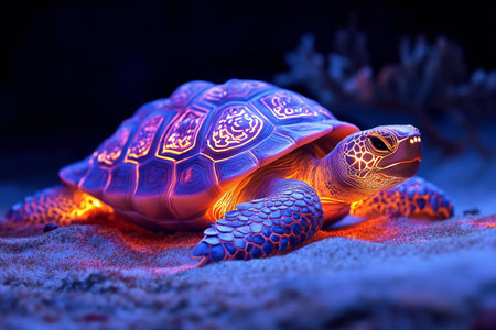 A glowing neon turtle with intricate glowing patterns on its shell crawling along a luminous beach, created by aiの素材
