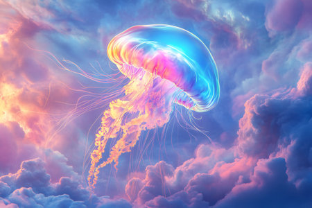 An AI-generated 3D scene depicting a luminous jellyfish with multicolored rainbow tentacles floating amidst swirling pastel clouds in the skyの素材