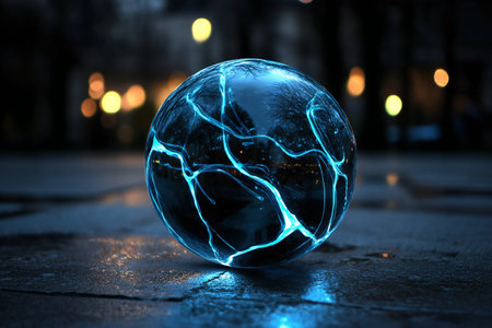 An otherworldly floating sphere made of semi-transparent material, featuring glowing neon blue veins, created by aiの素材