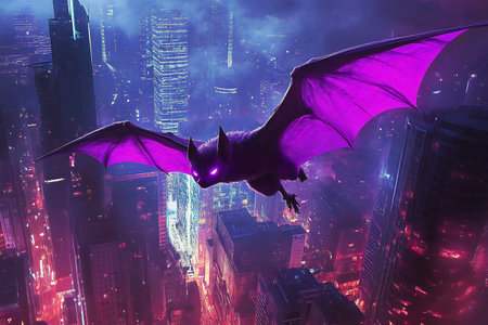 A neon-hued bat in violet tones soars across a glowing cyber-metropolis, its wings aglow with electric light created by aiの素材