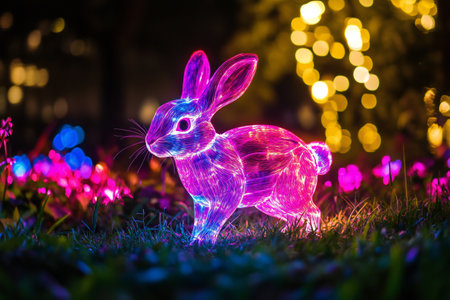 A glowing neon rabbit with a luminous tail leaping through a radiant neon meadow teeming with glowing grasses and magical lights, created by aiの素材