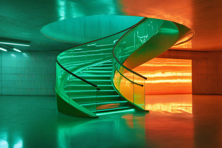 A radiant neon green and orange spiral staircase floating in a reflective void, creating an otherworldly and mesmerizing atmosphere, created by aiの素材