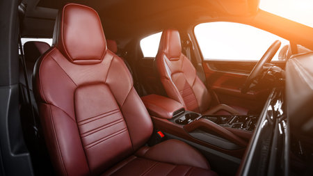 Interior of new modern SUV car with automatic transmission, dashboardの写真素材