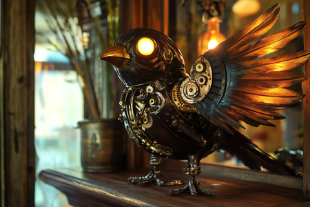 A detailed steampunk mechanical bird adorned with brass feathers, glowing eyes, and complex clockwork wings, resting gracefully on an antique wooden shelf, created by aiの素材