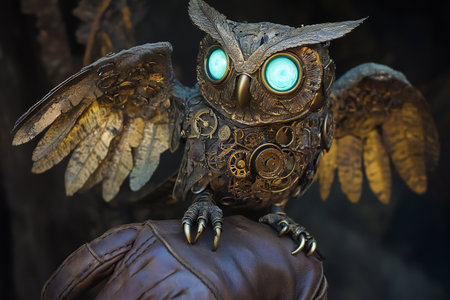 A steampunk mechanical owl with gleaming brass feathers and glowing eyes, created by aiの素材