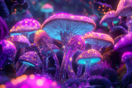 A fantastical psychedelic woodland of luminous neon fungi in vivid colors, with vibrant swirling patterns drifting overhead, evoking a trippy, otherworldly atmosphere ,  created by aiの素材