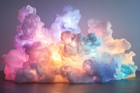 A dreamlike 3D cloudscape made of glowing, multicolored vapor, softly shifting and morphing,  created by aiの素材