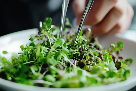 An expert chefâs hands precisely arranging microgreens on a gourmet plate with tweezers,  created by aiの素材