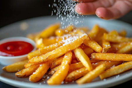 A hand sprinkling flaky sea salt over a serving of crispy golden French fries,  created by aiの素材