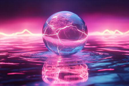 A luminous neon crystal orb with glowing fissures floating above a shiny neon surface,  created by aiの素材