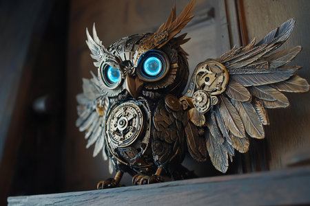 A finely engineered steampunk owl with polished brass feathers and luminous eyes, created by aiの素材