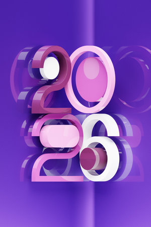 2026 with 3d numbers on colorful background with New Year celebration balls for flyers, posters,...