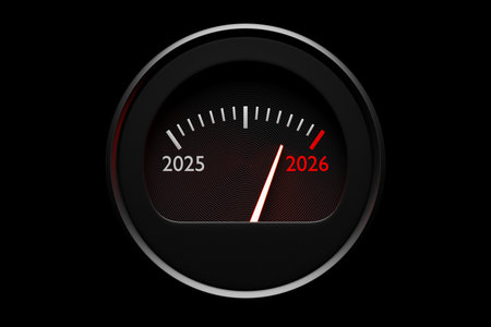 3D illustration of a close-up black speedometer with cutoff points at 2025 and 2026. The design...