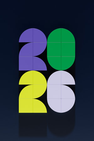 Happy New Year 2026. Volumetric multi-colored Numbers of 2026. Trendy Christmas background. Realistic 3d illustrationの写真素材