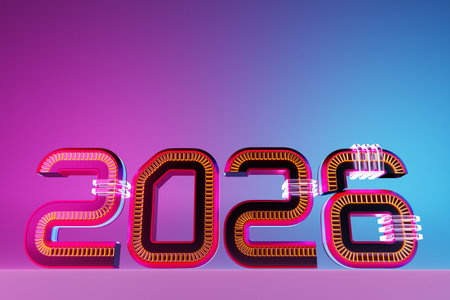 Welcome creative concept 2026. Happy New Year 2026 with neon light. Outstanding 3D text on colorful background, 3D illustrationの写真素材