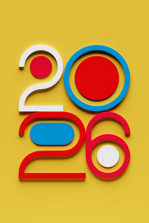 3d illustration Happy new year 2026 background template. Holiday volumetric 3D illustration of the number 2026. Festive poster or banner design.の写真素材