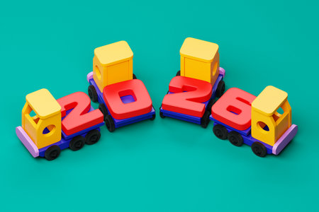 3D rendering of New Year's date 2026 on a kids toy truck. Symbol of the coming year. Changeability of years.の写真素材