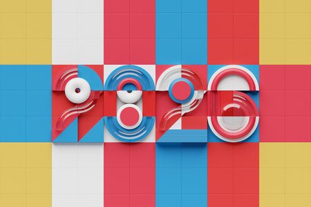 Happy New Year 2026. Volumetric multi-colored Numbers of 2026. Trendy Christmas background....