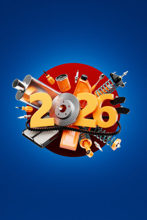 3D illustration design of '2026' with auto parts, representing an auto mechanic service concept,...