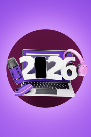 3D illustration of "Happy New Year" design with laptop, microphone and headphones representing music recording conceptの写真素材