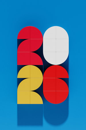 Happy New Year 2026. Volumetric multi-colored Numbers of 2026. Trendy Christmas background....