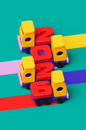 Lettering 2026 on the toy children's truck. Funny car with numbers 2026. 3D rendering.の写真素材