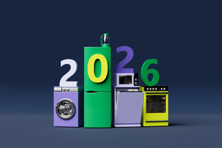 Realistic mockup of a washing machine, dishwasher, stove and refrigerator 3d Household appliances for household chores.の写真素材