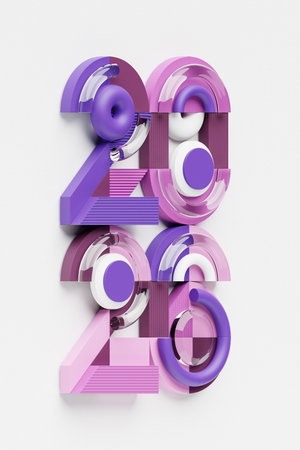 3D illustration featuring a festive, volumetric 3D rendering of the number 2026, creating a...