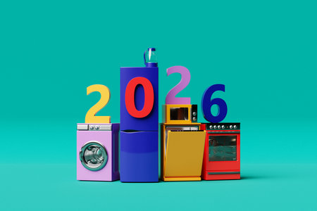 Realistic mockup of a washing machine, dishwasher, stove and refrigerator and 3d Household appliances for household chores.の写真素材