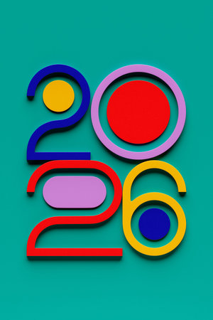2026 with 3d numbers on colorful background with New Year celebration balls for flyers, posters,...