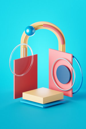 3D illustration of a minimalist podium placed in front of an abstract geometric background. Modern 3D rendering with clean lines and simple shapes.の写真素材