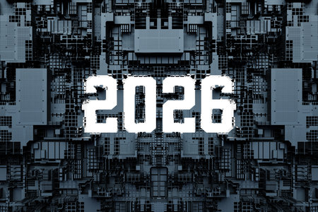 3d illustration Futuristic tech postcard with the year 2026 on the background of a metallic, technological cover of a spaceship or robot. Abstract graphics in the style of computer games.の写真素材