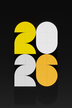 3D illustration featuring "Happy New Year 2026" as the background template. The design includes a festive, volumetric 3D rendering of the number "2026," creating a celebratory and modern atmosphere.の写真素材