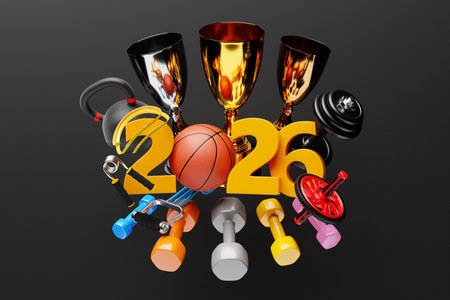 Greeting Christmas card with inscription 2026 and basketball and sports equipment on black isolated...