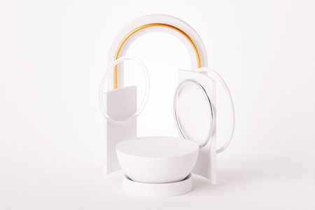 3D rendering of a modern podium surrounded by abstract geometric shapes. Minimalist background with smooth surfaces, soft lighting, and balanced compositionの写真素材