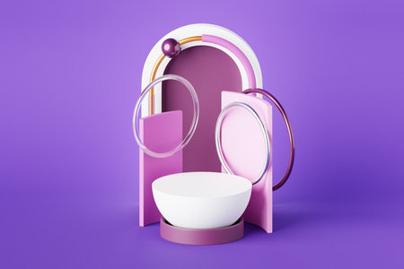 3D illustration of a minimalist podium placed in front of an abstract geometric background. Modern 3D rendering with clean lines and simple shapes.の写真素材