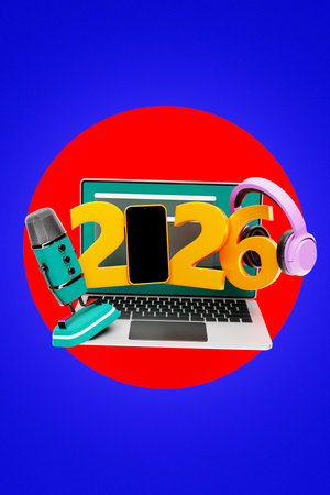 3D illustration of Happy New Year 2026 design with laptop, microphone and headphones representing...