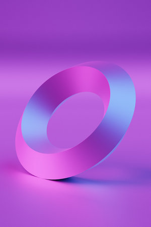 3D illustration of a purple glowing, neon luminous shape on purple backgroundの写真素材
