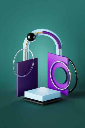 3D rendering of a modern podium surrounded by abstract geometric shapes. Minimalist background with...