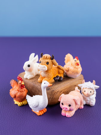 Close-up of small, cute figurines of domestic animals: goose, chicken, rooster, cow, piglet, rabbit, lamb, displayed on a wooden podiumの写真素材