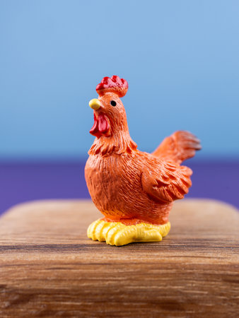 Close-up of a small, cute figurine in the shape of a brown rooster with a red comb, placed on a wooden podiumの写真素材