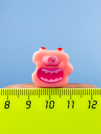 Close-up of a small, cute monster figurine in the form of a puzzle, placed on a wooden podium.の写真素材