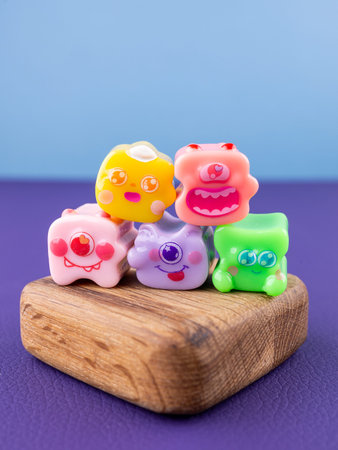 Close-up of a company of small, fun figurines of monsters in the form of puzzles, arranged on a...
